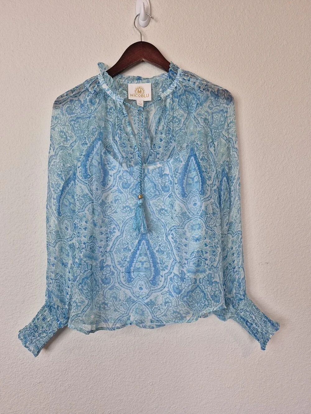 Nicoblu Artemisia Chiffon Blouse Turquoise Paisley Size Small Boho Peasant